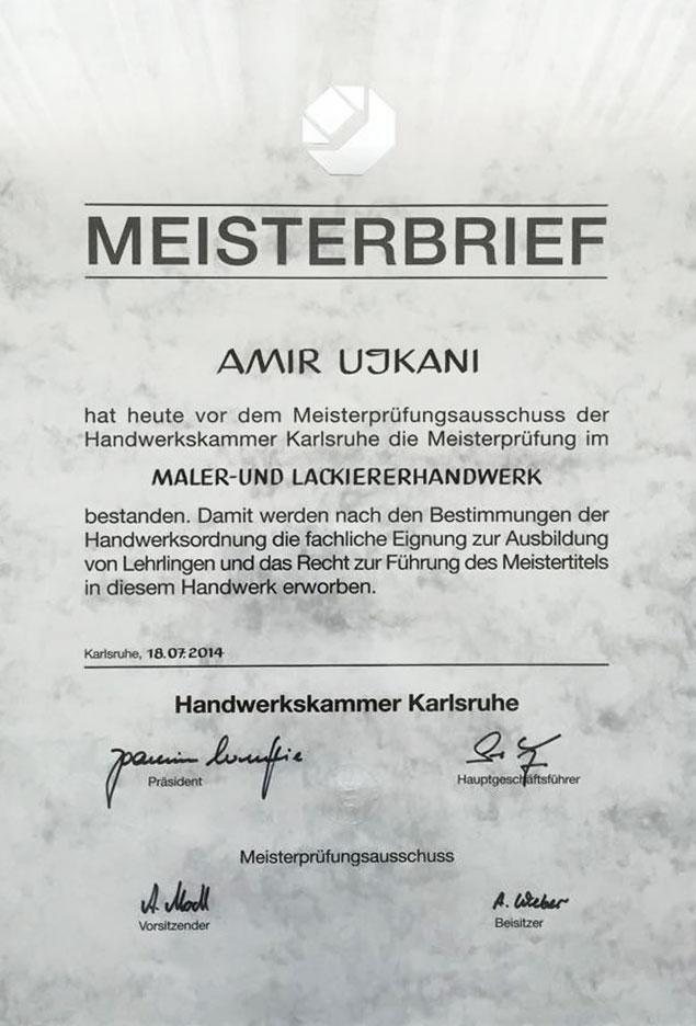 Meisterbrief der Handwerkskammer Karlsruhe